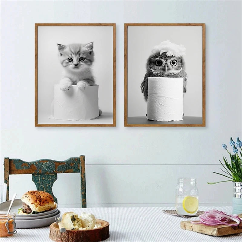 Black and White Animal and Toilet Paper Poster