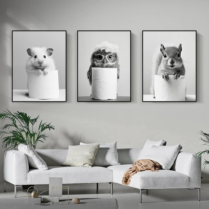 Black and White Animal and Toilet Paper Poster