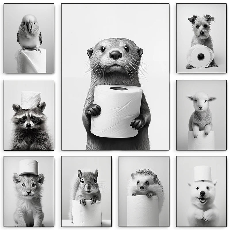 Black and White Animal and Toilet Paper Poster